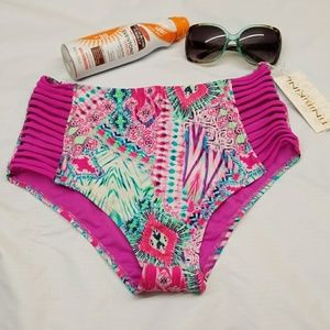 New High Waist Strappy Bikini Bottom Pink Pattern
